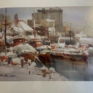 Cheng-Khee Abstract Harbor Watercolor Print in Brown and Cream - Unbranded